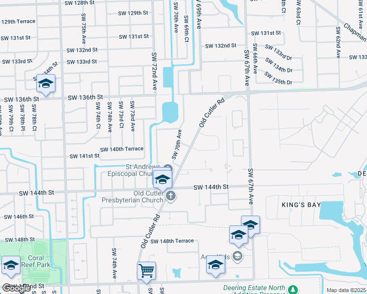 map of restaurants, bars, coffee shops, grocery stores, and more near 13960 Old Cutler Road in Palmetto Bay