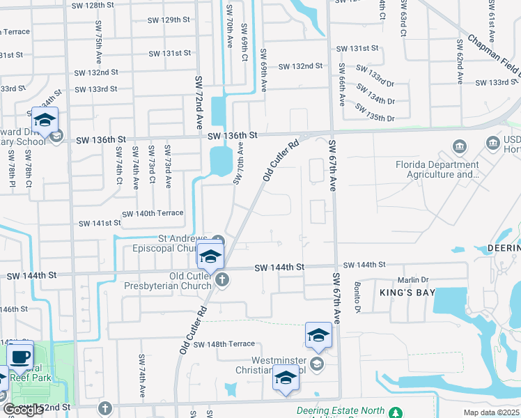 map of restaurants, bars, coffee shops, grocery stores, and more near 13999 Old Cutler Road in Palmetto Bay