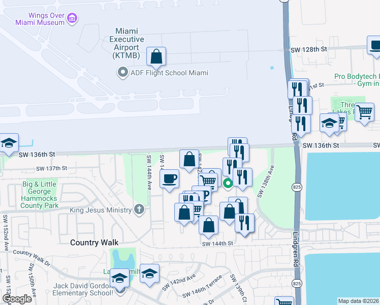 map of restaurants, bars, coffee shops, grocery stores, and more near 14222 Southwest 136th Street in Miami