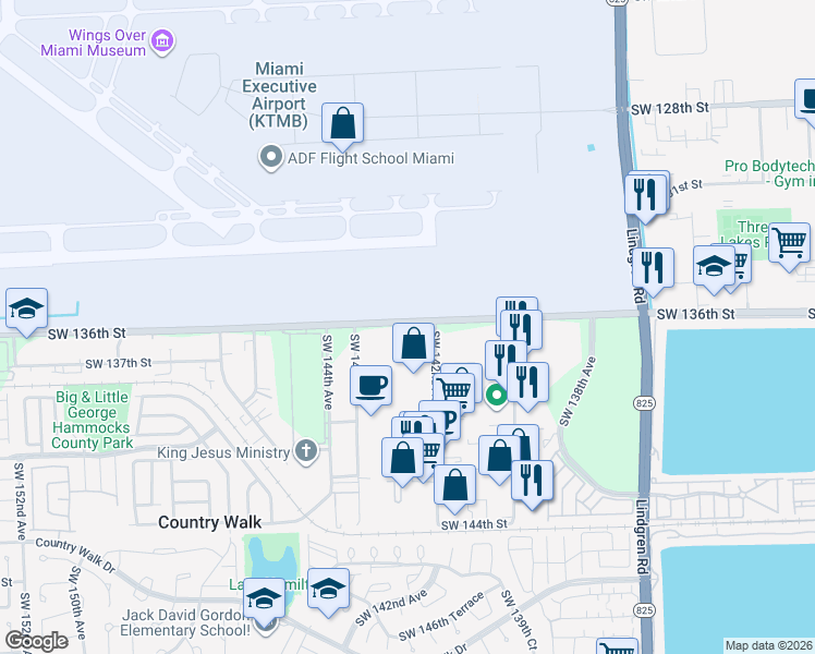 map of restaurants, bars, coffee shops, grocery stores, and more near 14238 Southwest 136th Street in Miami