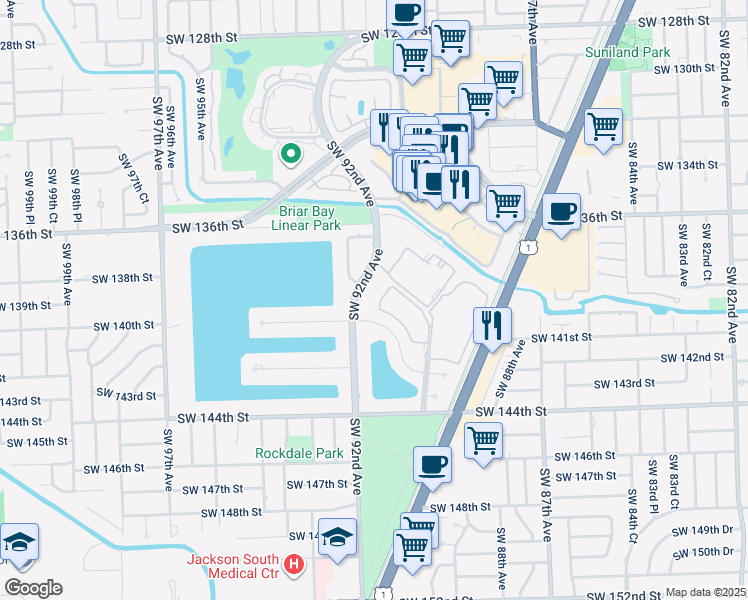 map of restaurants, bars, coffee shops, grocery stores, and more near 13921 Southwest 92nd Avenue in Miami