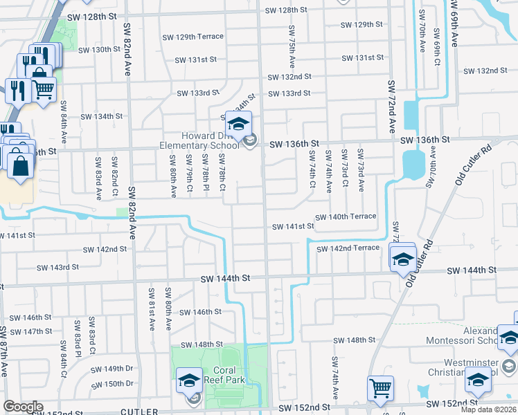 map of restaurants, bars, coffee shops, grocery stores, and more near 13925 Southwest 77th Avenue in Palmetto Bay