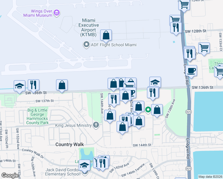 map of restaurants, bars, coffee shops, grocery stores, and more near 14238 Southwest 136th Street in Miami