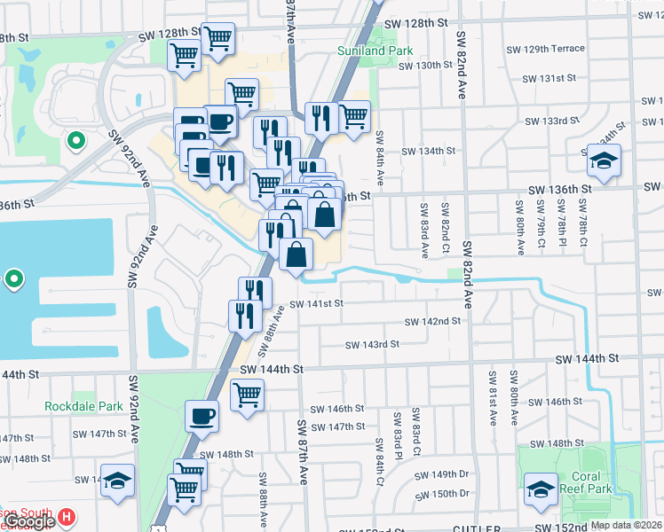 map of restaurants, bars, coffee shops, grocery stores, and more near 8532 Southwest 139th Terrace in Palmetto Bay