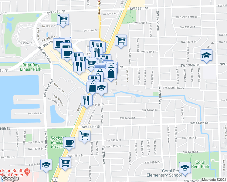 map of restaurants, bars, coffee shops, grocery stores, and more near 8532 Southwest 139th Terrace in Palmetto Bay