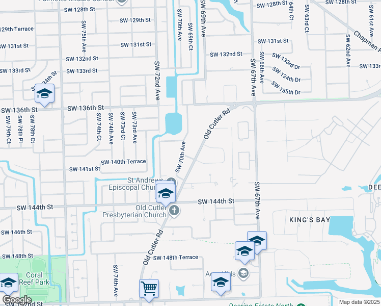 map of restaurants, bars, coffee shops, grocery stores, and more near 13960 Old Cutler Road in Palmetto Bay