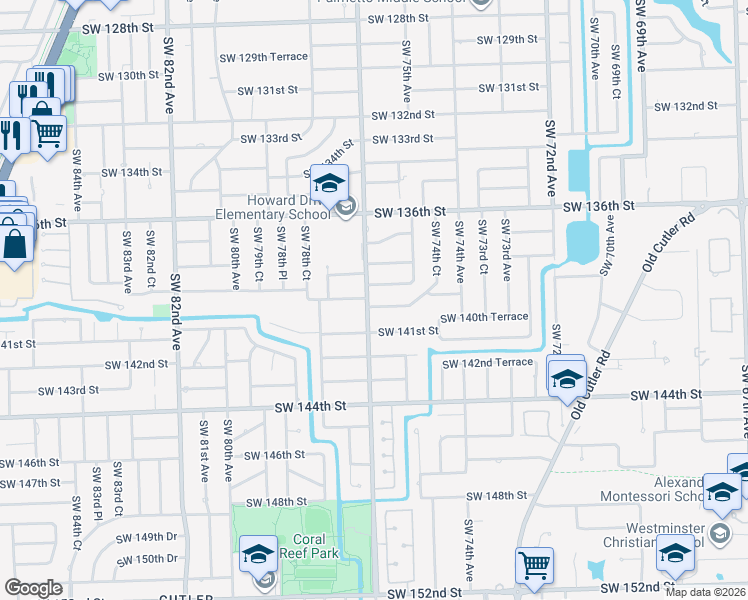 map of restaurants, bars, coffee shops, grocery stores, and more near 13925 Southwest 77th Avenue in Palmetto Bay