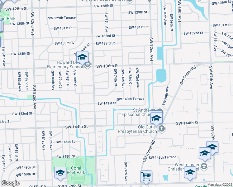 map of restaurants, bars, coffee shops, grocery stores, and more near 7430 Southwest 139th Terrace in Palmetto Bay