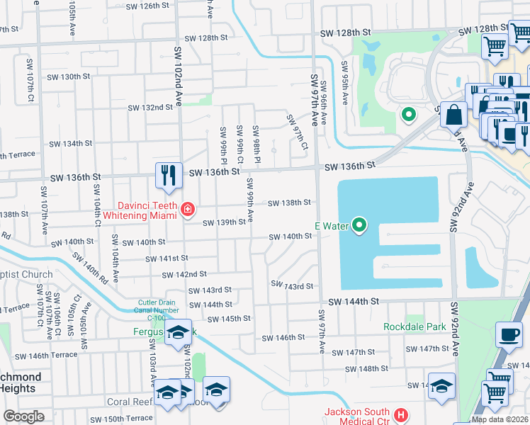 map of restaurants, bars, coffee shops, grocery stores, and more near 9854 Southwest 138th Street in Miami