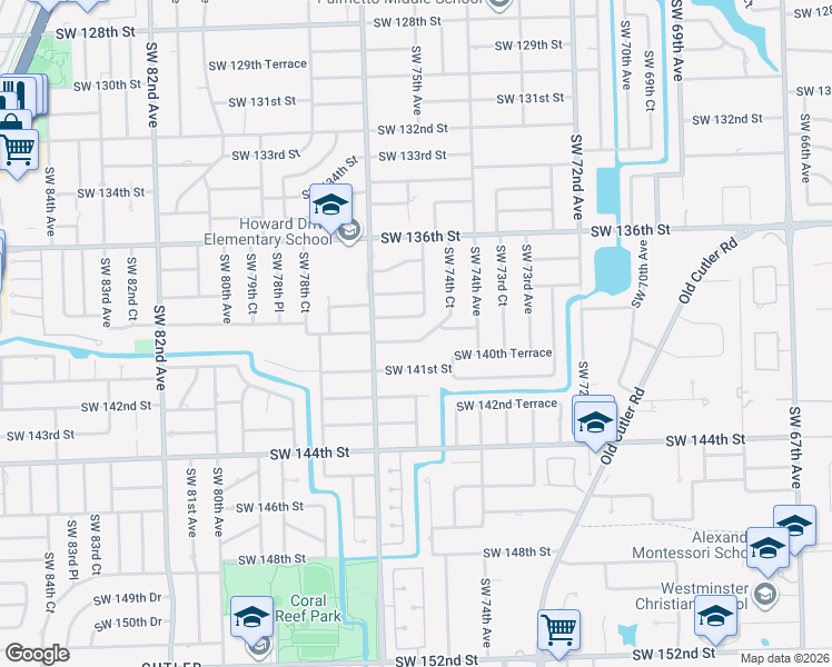 map of restaurants, bars, coffee shops, grocery stores, and more near 7501 Southwest 140th Street in Palmetto Bay