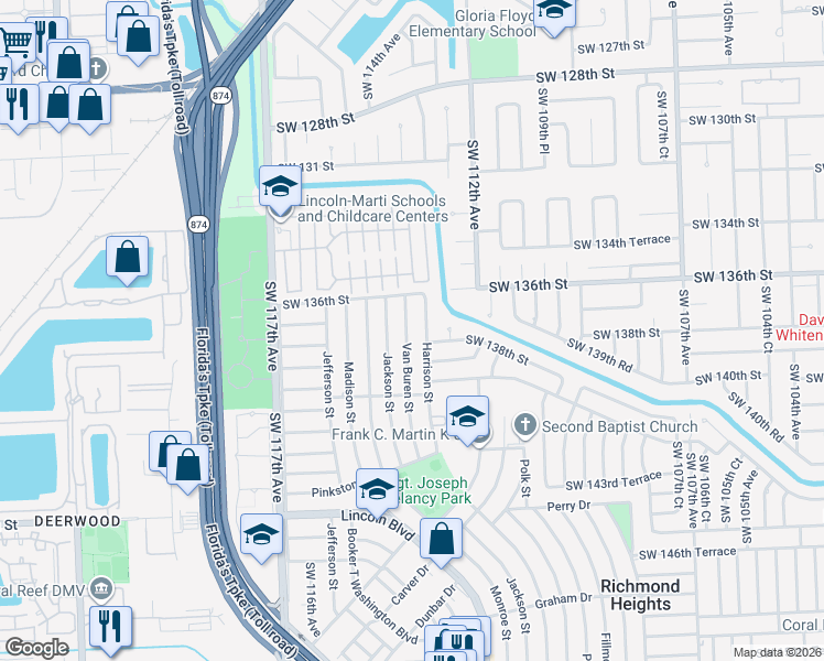 map of restaurants, bars, coffee shops, grocery stores, and more near 13711 Van Buren Street in Miami
