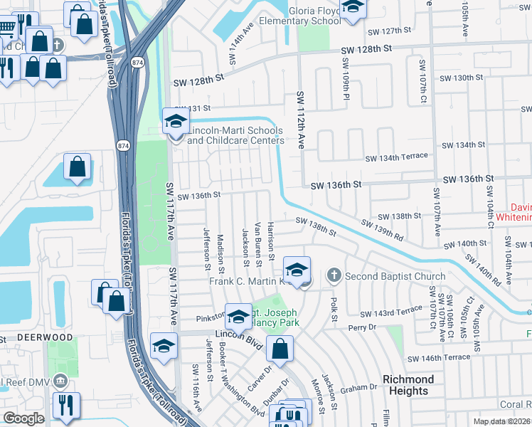 map of restaurants, bars, coffee shops, grocery stores, and more near 13711 Van Buren Street in Miami