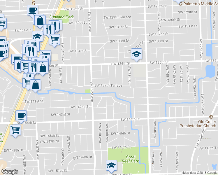 map of restaurants, bars, coffee shops, grocery stores, and more near 8000 Southwest 139th Terrace in Palmetto Bay
