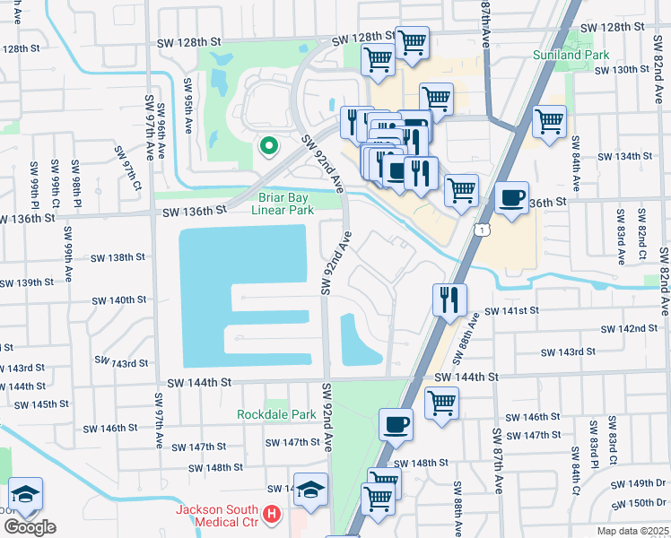 map of restaurants, bars, coffee shops, grocery stores, and more near 13921 Southwest 92nd Avenue in Miami