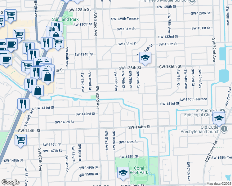 map of restaurants, bars, coffee shops, grocery stores, and more near 8000 Southwest 139th Terrace in Palmetto Bay