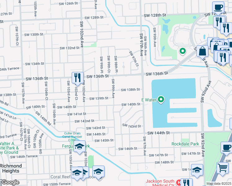 map of restaurants, bars, coffee shops, grocery stores, and more near 9854 Southwest 138th Street in Miami