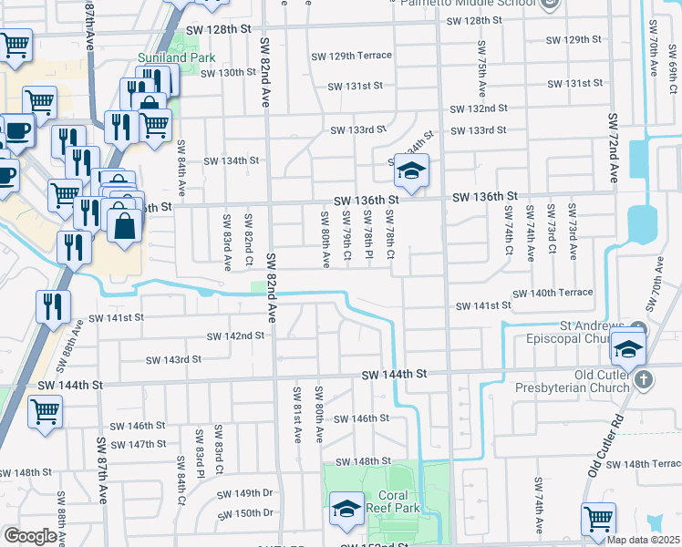 map of restaurants, bars, coffee shops, grocery stores, and more near 7900 Southwest 139th Terrace in Palmetto Bay