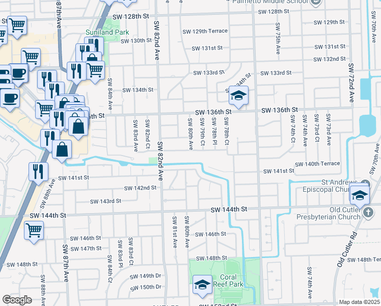map of restaurants, bars, coffee shops, grocery stores, and more near 8000 Southwest 139th Terrace in Palmetto Bay