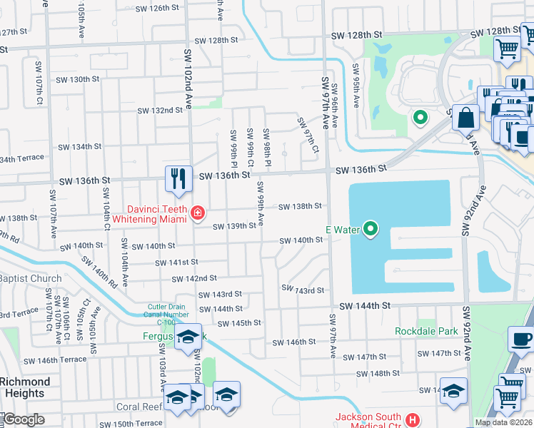 map of restaurants, bars, coffee shops, grocery stores, and more near 9854 Southwest 138th Street in Miami