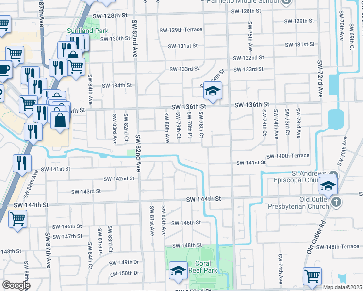 map of restaurants, bars, coffee shops, grocery stores, and more near 7900 Southwest 139th Terrace in Palmetto Bay