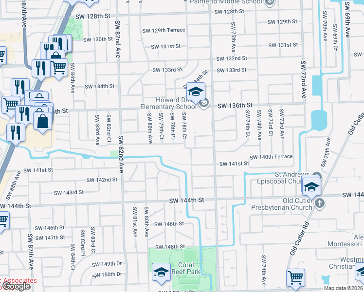 map of restaurants, bars, coffee shops, grocery stores, and more near 7848 Southwest 139th Terrace in Palmetto Bay