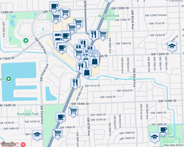 map of restaurants, bars, coffee shops, grocery stores, and more near 8532 Southwest 139th Terrace in Palmetto Bay