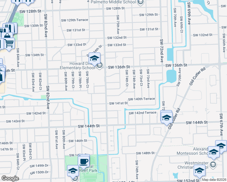 map of restaurants, bars, coffee shops, grocery stores, and more near 7501 Southwest 140th Street in Palmetto Bay
