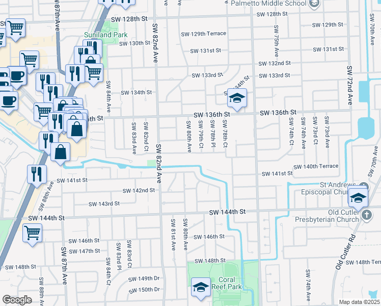 map of restaurants, bars, coffee shops, grocery stores, and more near 8000 Southwest 139th Terrace in Palmetto Bay