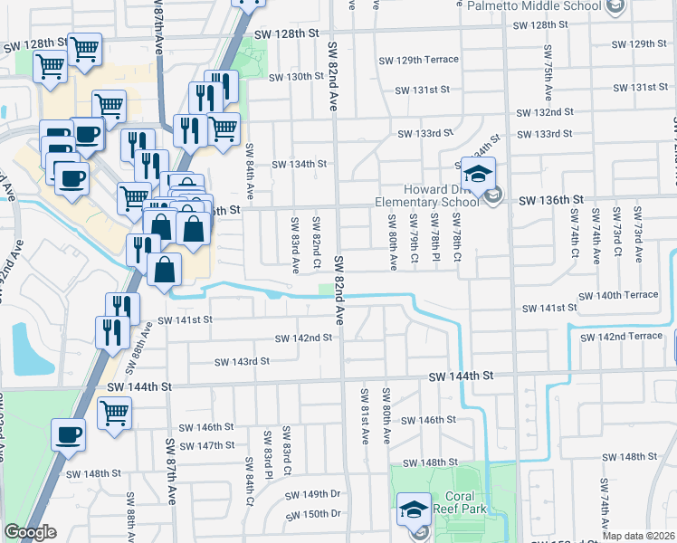 map of restaurants, bars, coffee shops, grocery stores, and more near 8240 Southwest 139th Terrace in Palmetto Bay