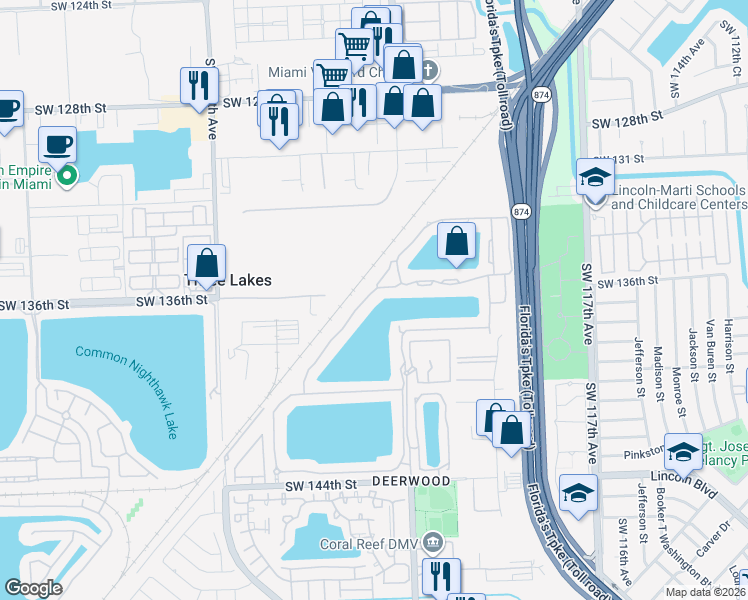 map of restaurants, bars, coffee shops, grocery stores, and more near 13603 Southwest 124th Avenue Road in Miami