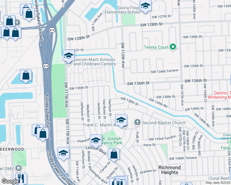 map of restaurants, bars, coffee shops, grocery stores, and more near 11255 Southwest 138th Street in Miami