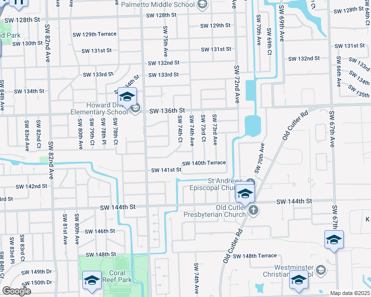 map of restaurants, bars, coffee shops, grocery stores, and more near 7430 Southwest 139th Terrace in Palmetto Bay