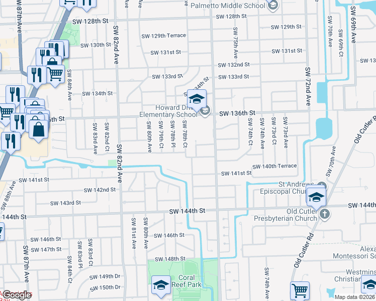 map of restaurants, bars, coffee shops, grocery stores, and more near 7848 Southwest 139th Terrace in Palmetto Bay