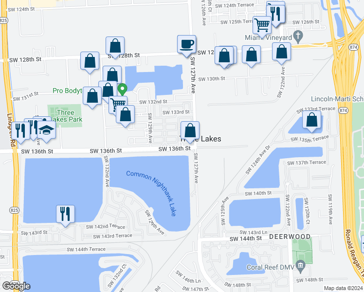 map of restaurants, bars, coffee shops, grocery stores, and more near 12740 Southwest 136th Terrace in Miami