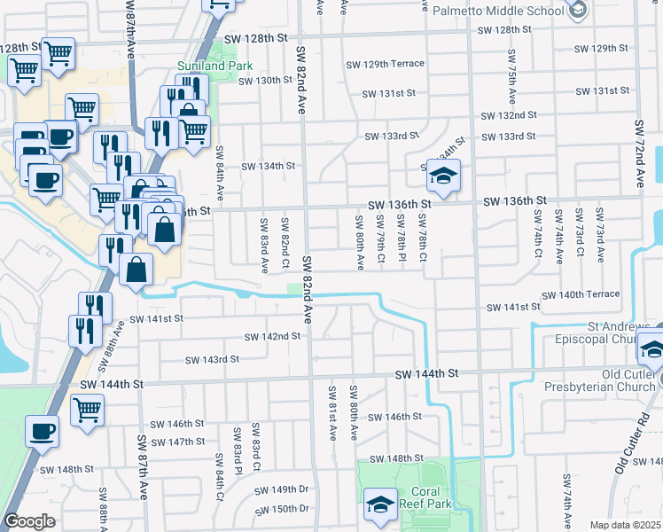 map of restaurants, bars, coffee shops, grocery stores, and more near 8100 Southwest 139th Terrace in Palmetto Bay
