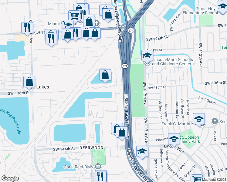 map of restaurants, bars, coffee shops, grocery stores, and more near 13606 Southwest 119th Avenue in Miami