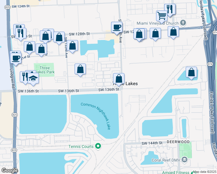 map of restaurants, bars, coffee shops, grocery stores, and more near 12820 Southwest 135th Terrace in Miami