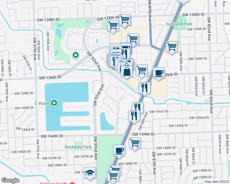 map of restaurants, bars, coffee shops, grocery stores, and more near 13874 Southwest 90th Avenue in Miami