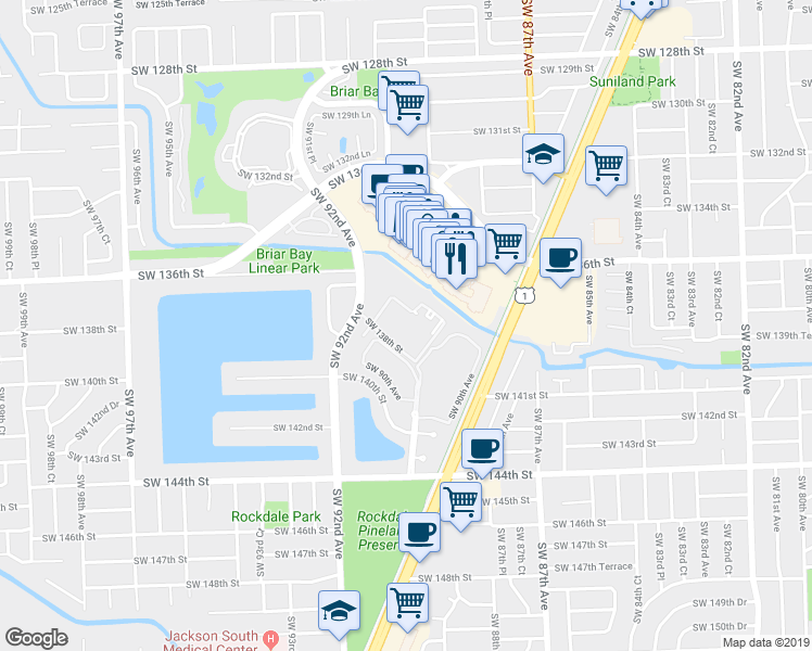 map of restaurants, bars, coffee shops, grocery stores, and more near 13874 Southwest 90th Avenue in Miami