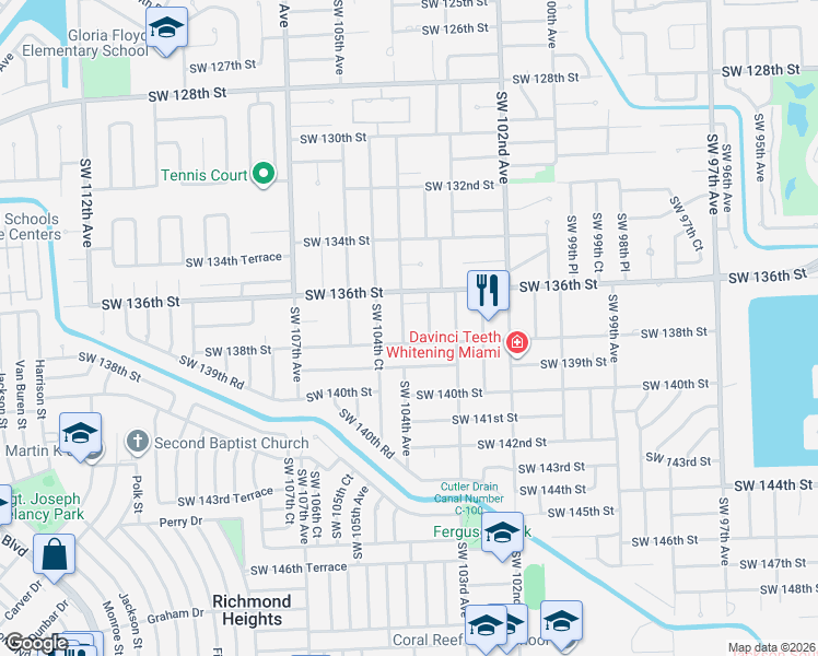 map of restaurants, bars, coffee shops, grocery stores, and more near 10400 Southwest 138th Street in Miami