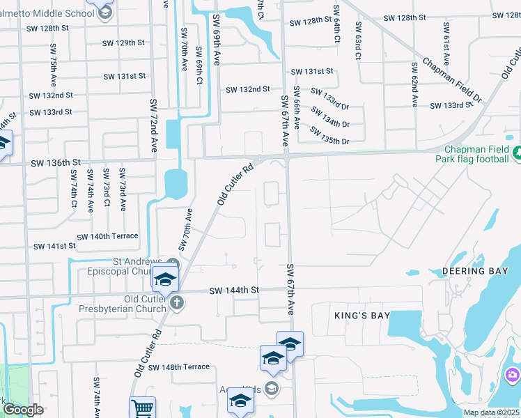 map of restaurants, bars, coffee shops, grocery stores, and more near 13835 Southwest 67th Place in Palmetto Bay