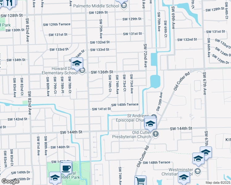 map of restaurants, bars, coffee shops, grocery stores, and more near 13805 Southwest 74th Court in Palmetto Bay
