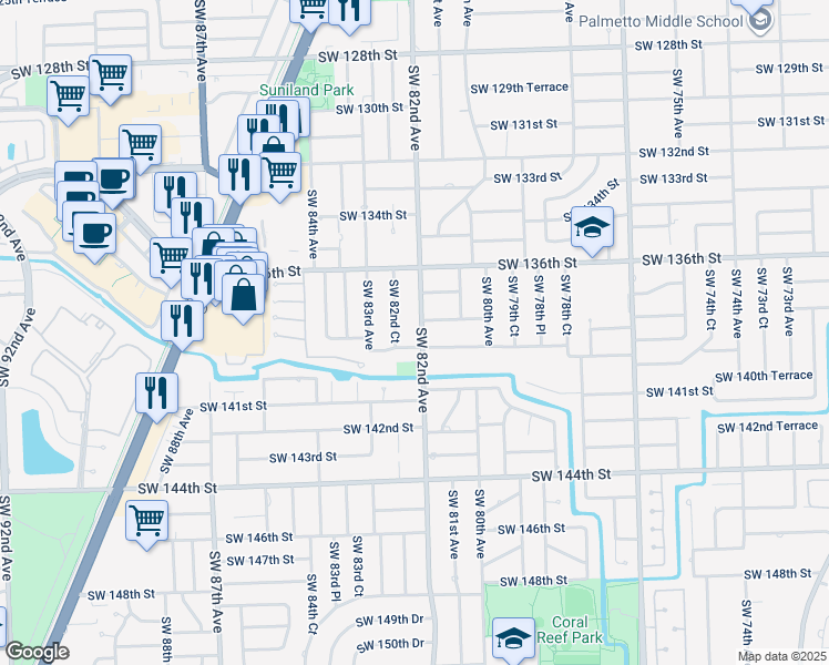 map of restaurants, bars, coffee shops, grocery stores, and more near 13745 Southwest 82nd Court in Palmetto Bay