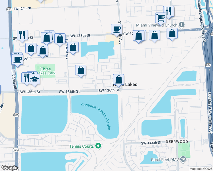 map of restaurants, bars, coffee shops, grocery stores, and more near 12835 Southwest 135th Terrace in Miami