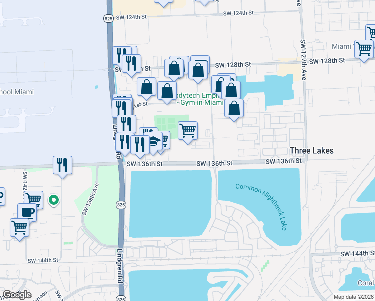 map of restaurants, bars, coffee shops, grocery stores, and more near 13275 Southwest 136th Street in Miami