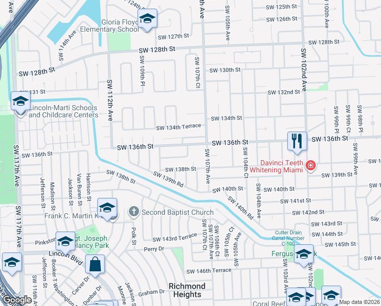 map of restaurants, bars, coffee shops, grocery stores, and more near 13635 Southwest 107th Place in Miami