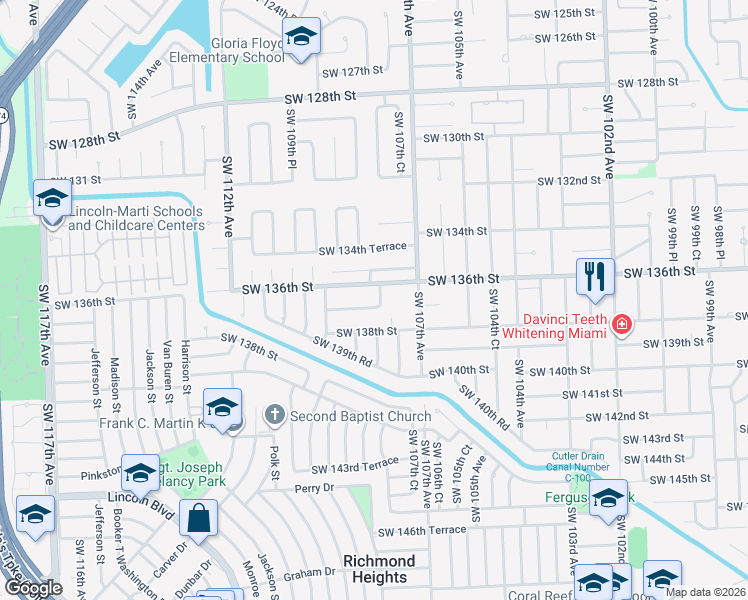 map of restaurants, bars, coffee shops, grocery stores, and more near 13635 Southwest 107th Place in Miami