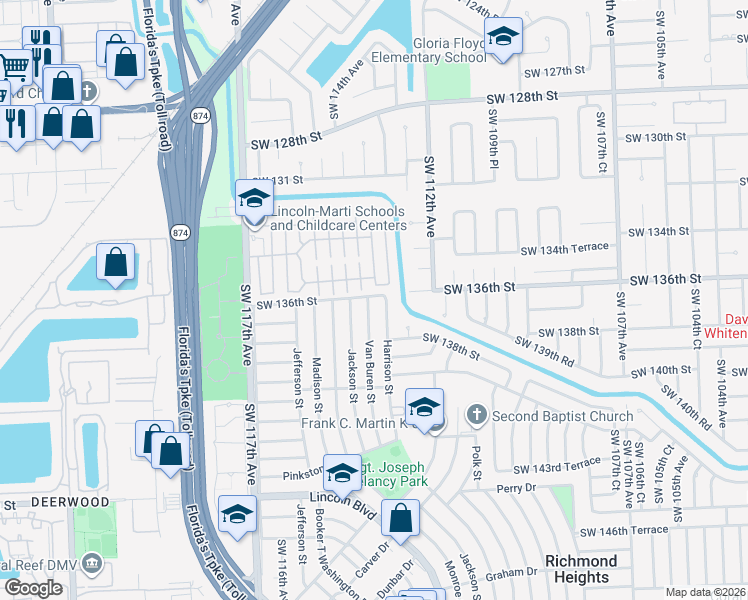map of restaurants, bars, coffee shops, grocery stores, and more near 112254 Southwest 135th Lane in Miami