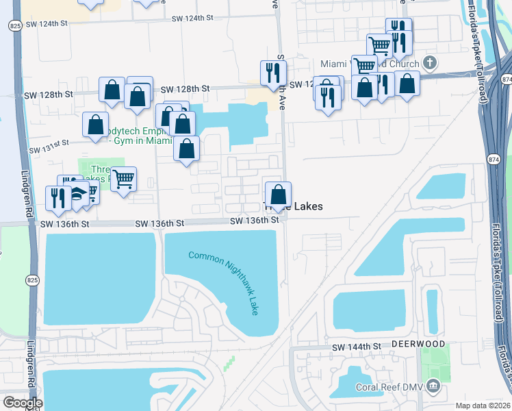 map of restaurants, bars, coffee shops, grocery stores, and more near 12774 Southwest 134th Terrace in Miami