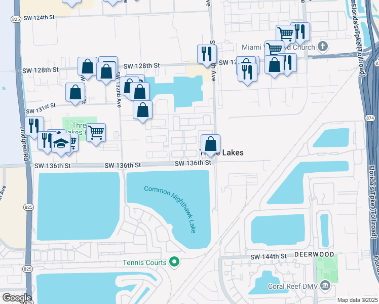 map of restaurants, bars, coffee shops, grocery stores, and more near 12843 Southwest 135th Street in Miami